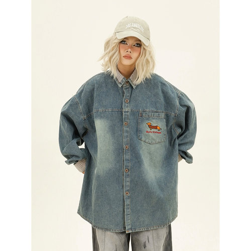 美式复古刺绣水洗牛仔衬衫女