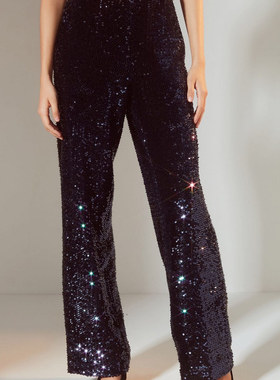 出口欧单高个子女装深蓝色丝绒亮珠片司仪主持表演服直筒宽脚长裤