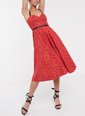 23秋季新款外贸尾货红色蕾丝修身显瘦罩杯吊带露肩高个子连衣裙