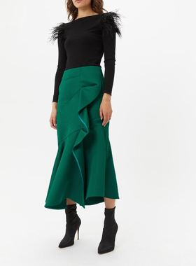 欧洲站尾货绿色空气棉荷叶边不对称长包臀鱼尾半身裙礼服裙显瘦