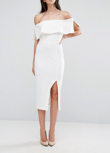 21春欧版针织罗马布白色一字领修身抹胸款包臀礼服连衣中裙铅笔裙