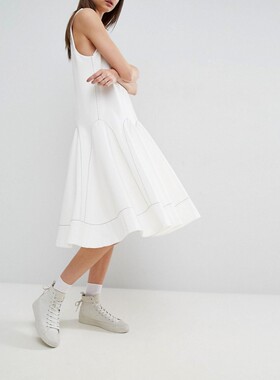 出口欧单白色明线撞色170~180高个子超模款宽松版V领休闲连衣裙