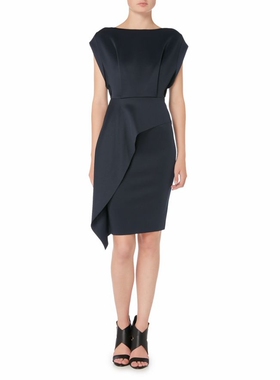 外单通勤薄空气层深藏蓝色立体裁剪后V领不对称高个子铅笔连衣裙