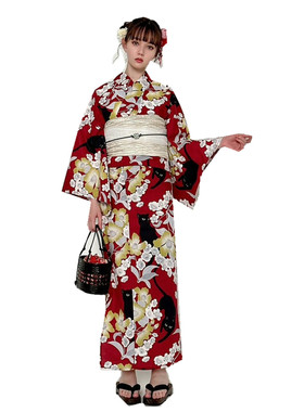 2025grl女新款出口日本和服浴衣传统款涤纶材质浴衣红色系黑猫