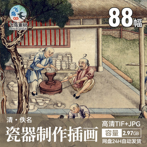 古代瓷器生产工艺插画清代陶瓷制作流程插图古人制瓷场景绘画素材