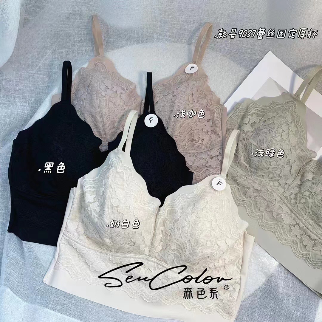 黛美芮新款9037蕾丝V领乳胶固定厚杯小吊带美背无痕抹胸裹胸内衣