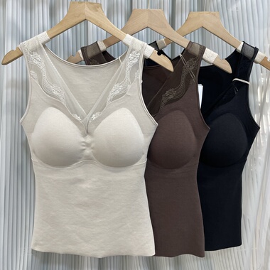 米娅林8886保暖背心女无痕V领薄款发热内衣内穿打底带胸垫上衣秋