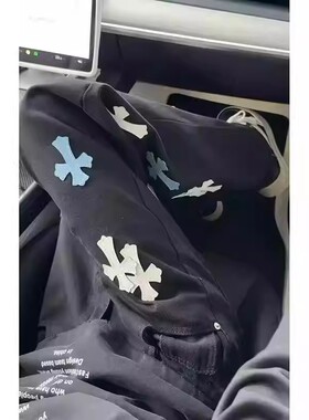 美式高街十字架牛仔裤男女春秋季潮牌痞帅水洗做旧vibe直筒长裤子