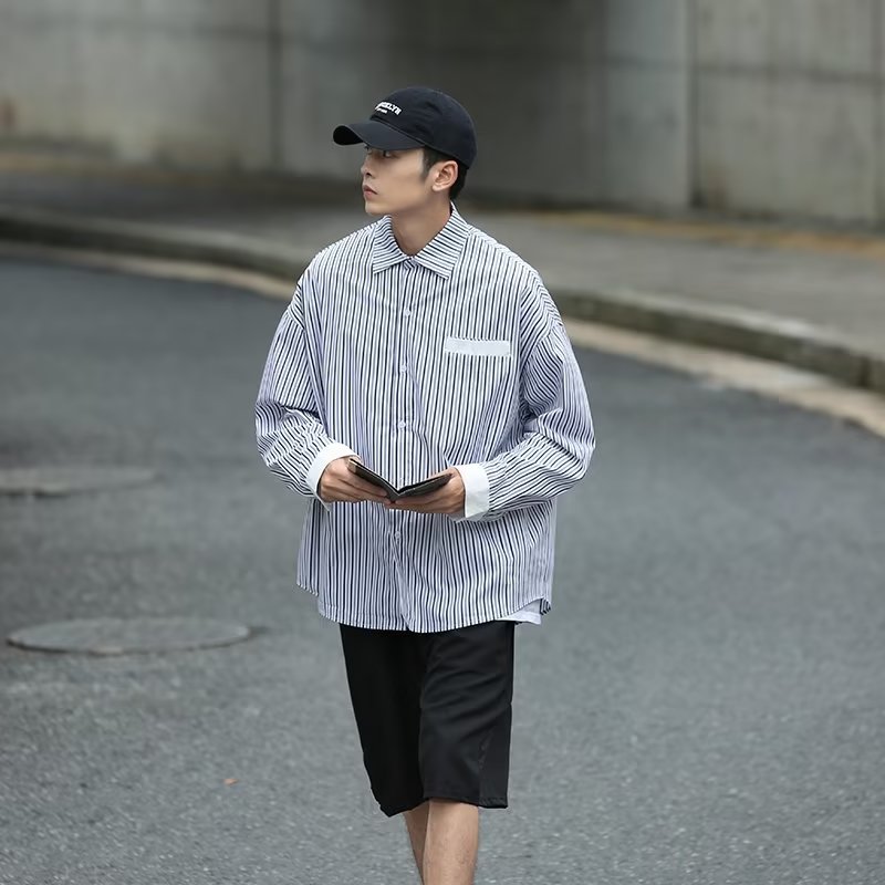 2025秋季新款cityboy竖条纹衬衫日系宽松长袖衬衣外套男C6034-P28,男装衬衫,星座1703A-1