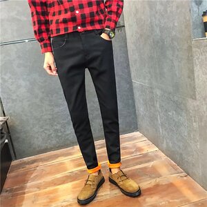 21冬装主推加绒牛仔裤男黄金绒黑色修身青年九分裤K05加绒-P25图片