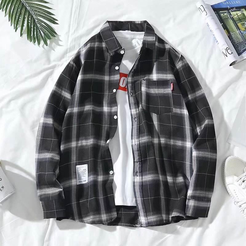 Spring new men's Long Sleeve Plaid Shirt loose trend versatile shirt coat