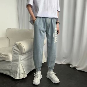 2025春秋季新款松紧腰牛仔裤男韩版港风直筒束脚印花长裤KN66-P30