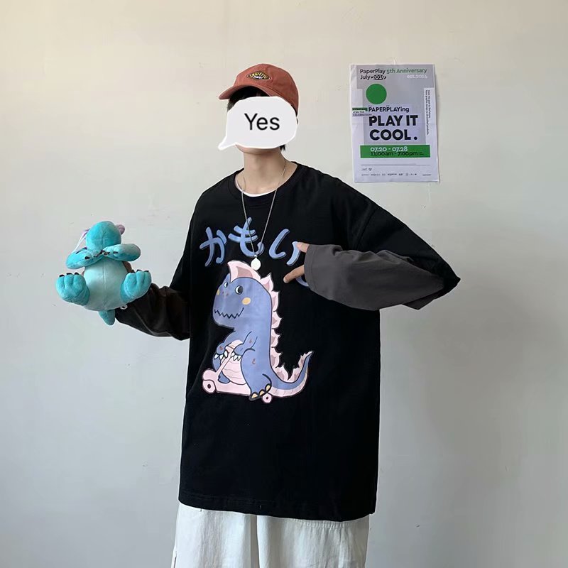 2025春秋新款小恐龙印花t恤圆领上衣复古宽松内搭打底衫T671-P26,男装T恤,星座1703A-1
