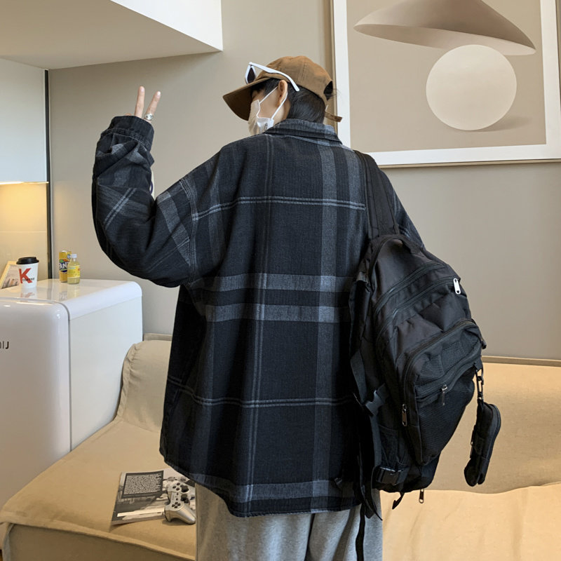 格子衬衫男春秋新款日系宽松百搭休闲衬衣潮牌翻领外套潮CS12-P28,男装衬衫,星座1703A-1
