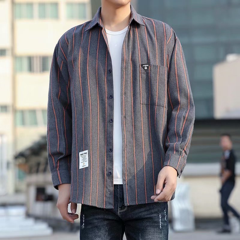 2025秋冬季新款男士长袖条纹衬衫休闲港风宽松工装衬衣8502-P28,男装衬衫,星座1703A-1