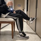 21年秋季运动裤黑灰三杠条纹休闲长裤韩版潮流百搭束脚裤1598-P25，女装休闲裤，星座1703A-1