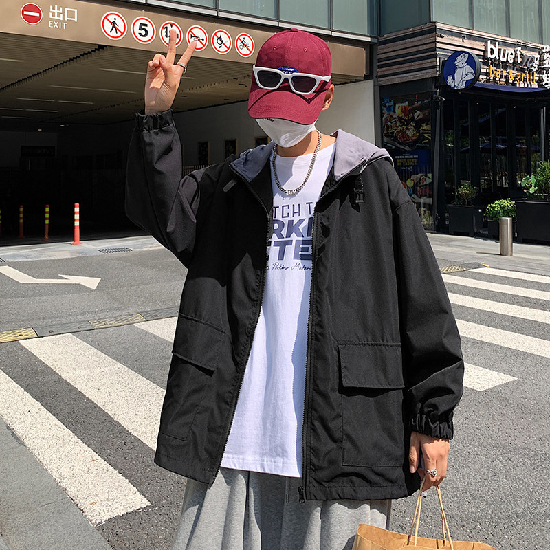 2025春秋新款港风工装外套男连帽潮牌ins宽松拼接夹克衫W1986-P55图片