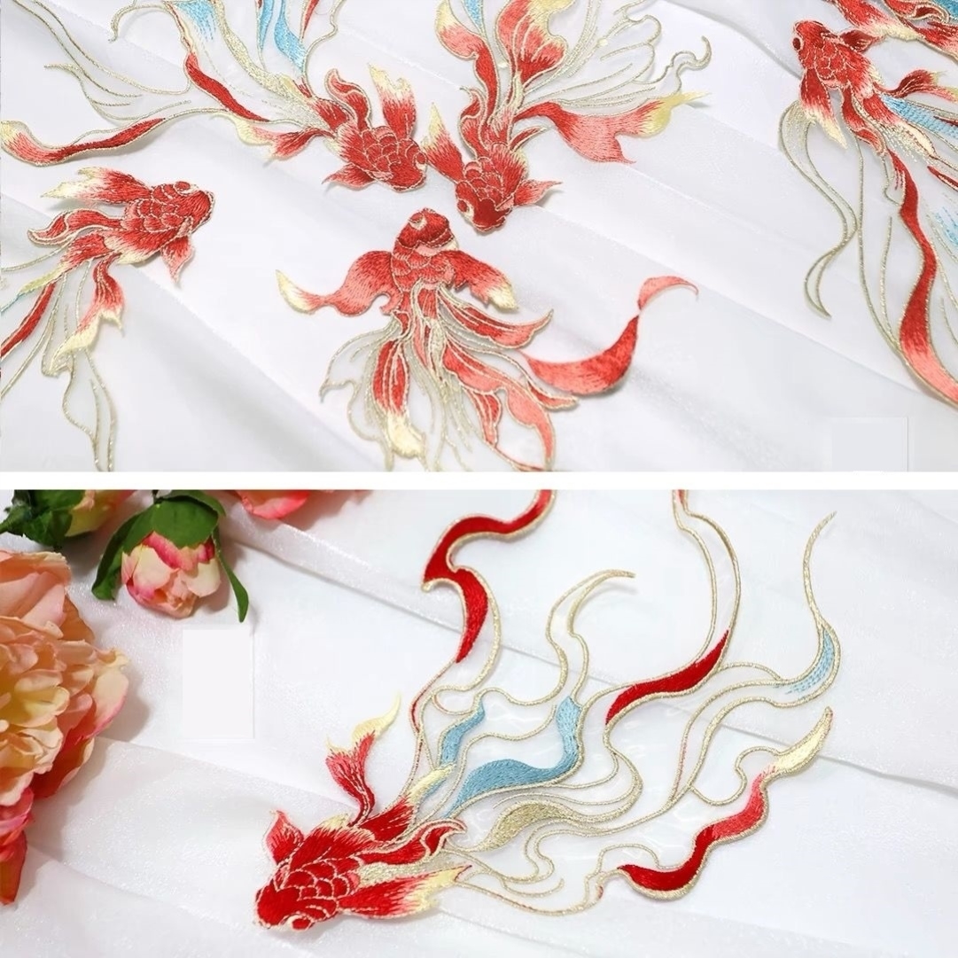 绣花锦鲤布料国风精美汉服旗袍古风补丁破洞装饰品居家布艺绣片