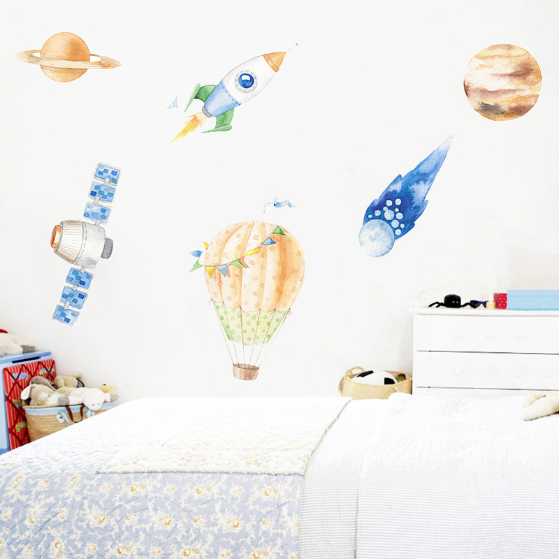 抽象个性水彩卡通创意墙面装饰贴画儿童卧室床头可爱贴纸太空火箭