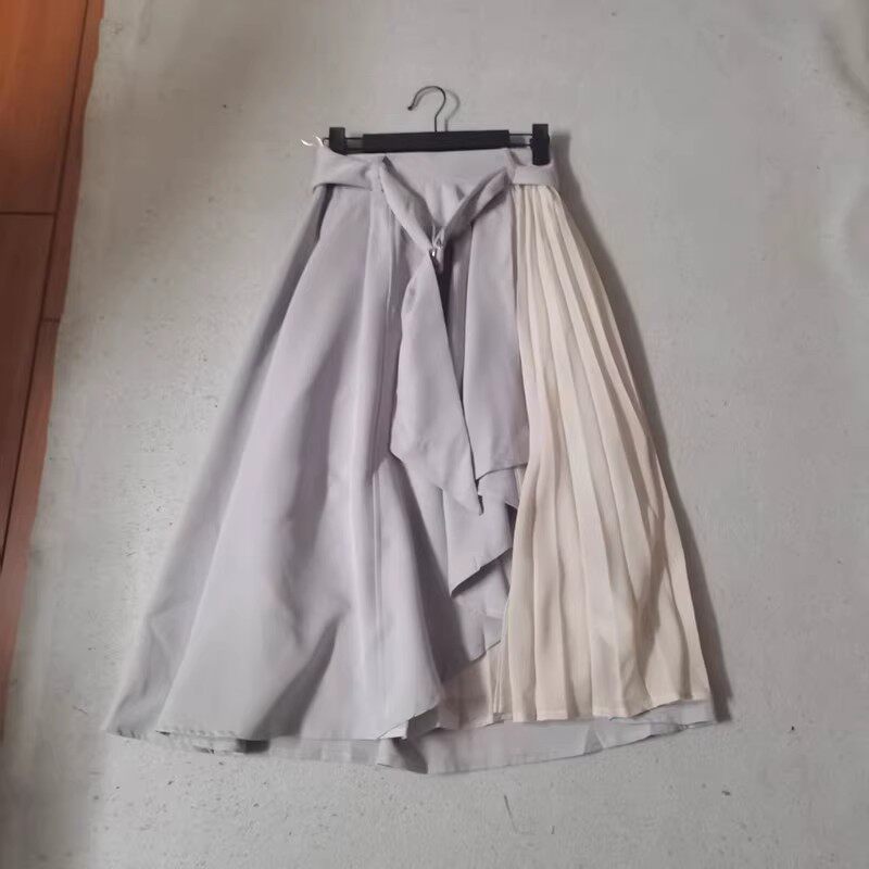 清仓处理日单包邮秋季女装 拼色拼接松紧腰系带青春不规则半身裙
