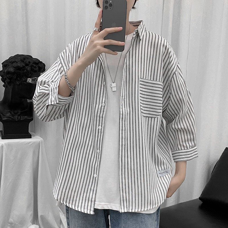 男士新款休闲条纹七分袖短袖衬衫外套青少年修身显瘦男装衬衣个性