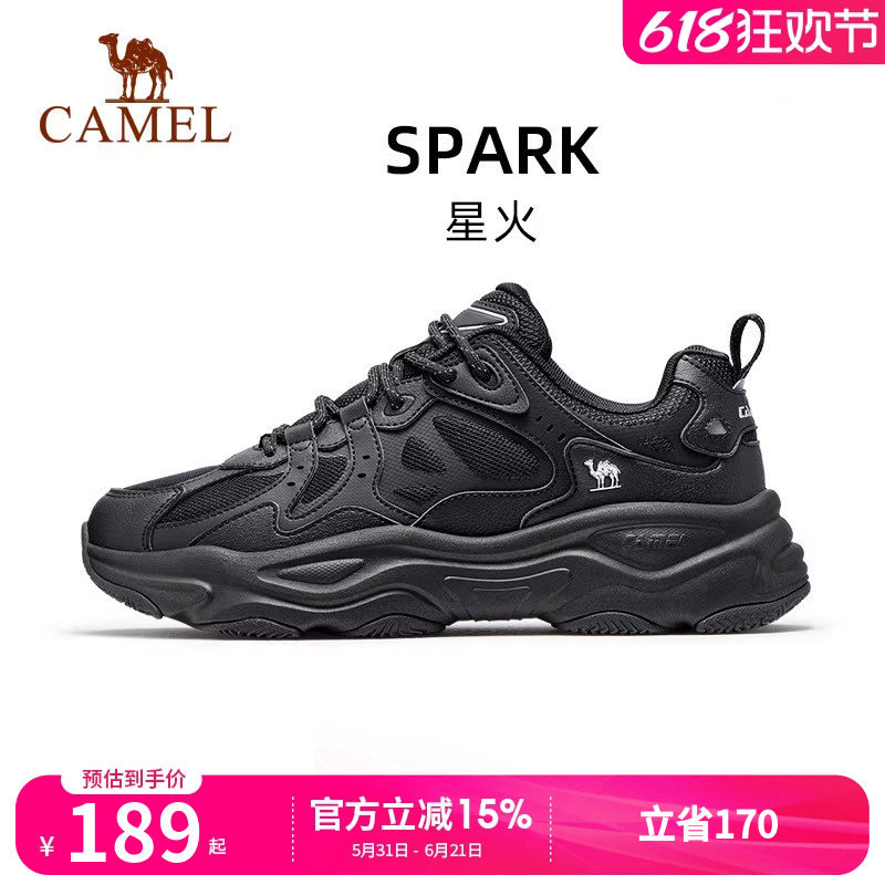 骆驼星火休闲鞋男2026新款黑色厚底老爹鞋减震复古跑步鞋运动鞋