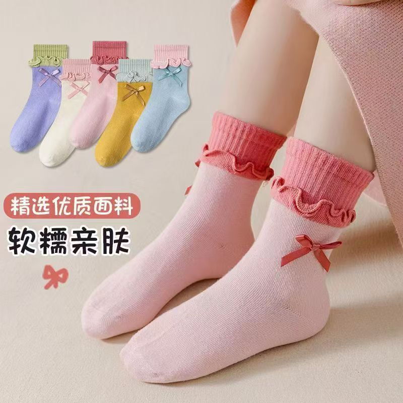 春秋儿童韩版花边蝴蝶结中筒棉袜