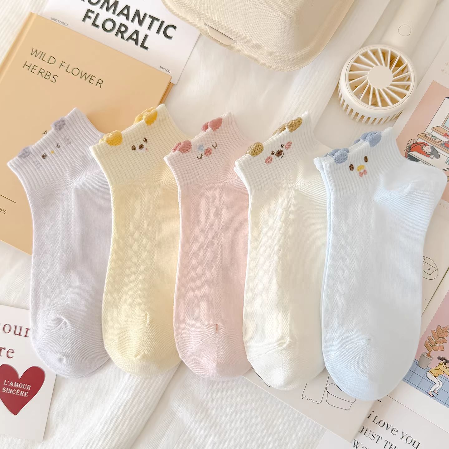 女童春夏薄款立耳网眼短袜5双装