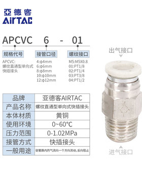 亚德客单向阀快插接头APCVC ASPC4 6 8 10 12-01 02 03 04