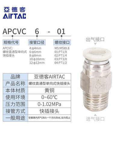 亚德客单向阀快插接头APCVC ASPC4 6 8 10 12-01 02 03 04