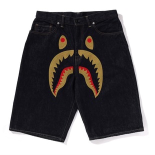 DENIM BAPE牛仔短裤 直筒夏季 男鲨鱼刺绣五分裤 潮牌日本代购 SHARK