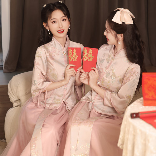 新中式伴娘服2024新款秋冬显瘦礼服小个子中国风旗袍姐妹团裙女