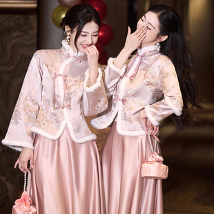 中式伴娘服长袖2025新款婚礼粉色姐妹团旗袍国风高级感平时可穿女