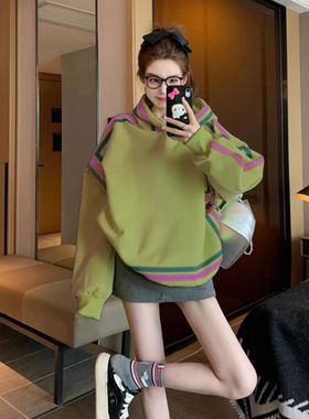 绿色设计感彩色印花秋冬韩版撞色春秋连帽宽松休闲套头卫衣女