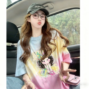 韩系彩色印染圆领短袖T恤女2026春夏新款宽松遮肉百搭潮流上衣