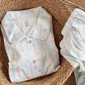 禾昊家【蓝纹KT】双层纱纯棉家居服薄款春秋季甜美睡衣透气