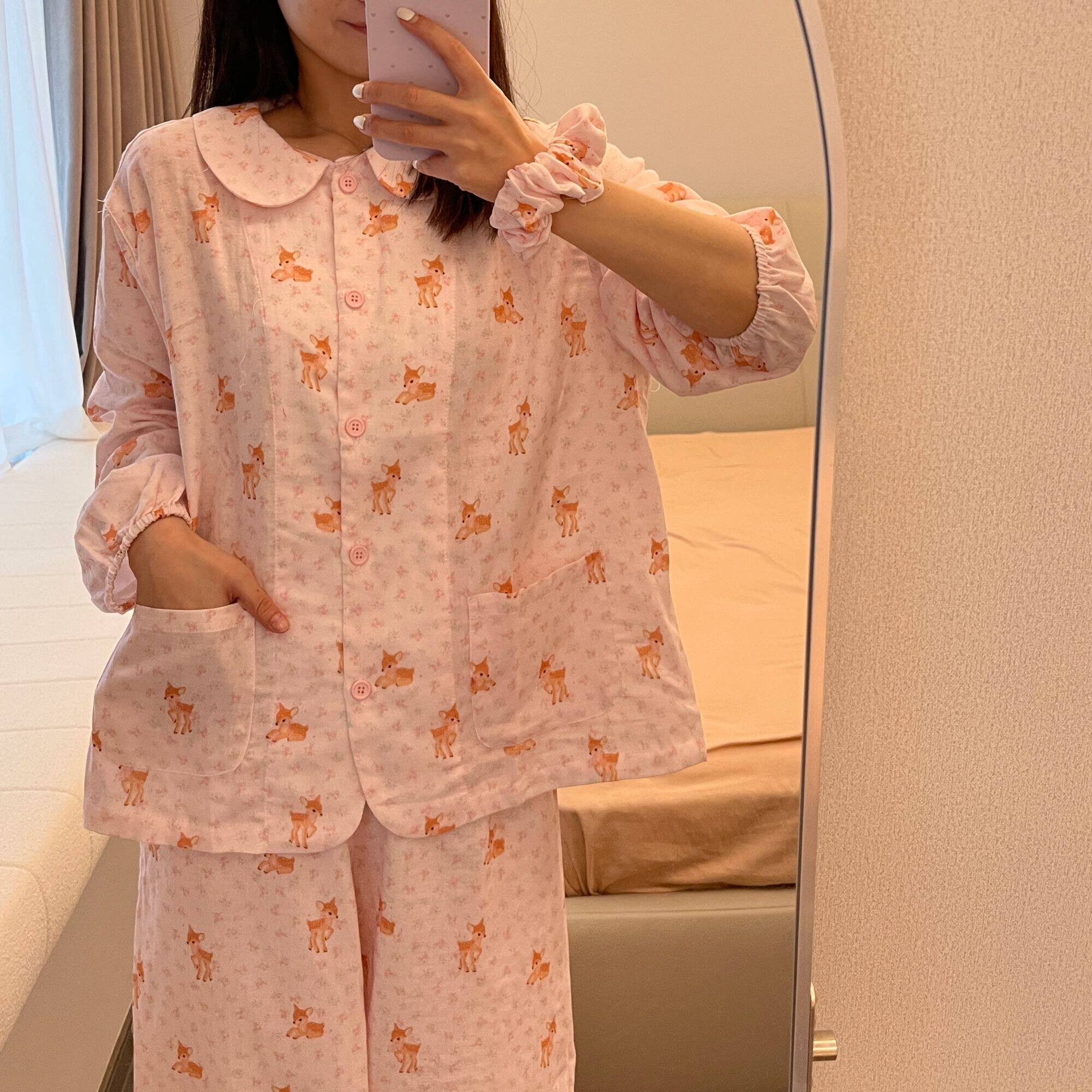 禾昊【翻领灯笼裤套装】长袖长裤纯棉双层纱亲肤睡衣家居服带发圈