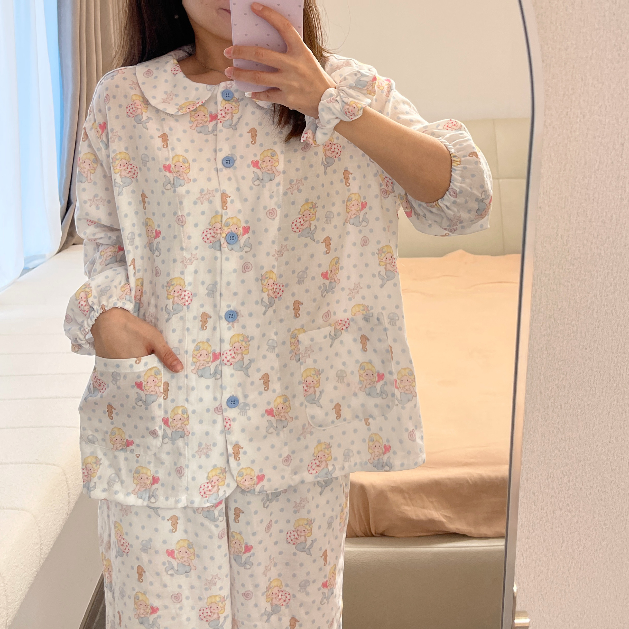 禾昊【翻领灯笼裤套装】长袖长裤纯棉双层纱亲肤睡衣家居服带发圈