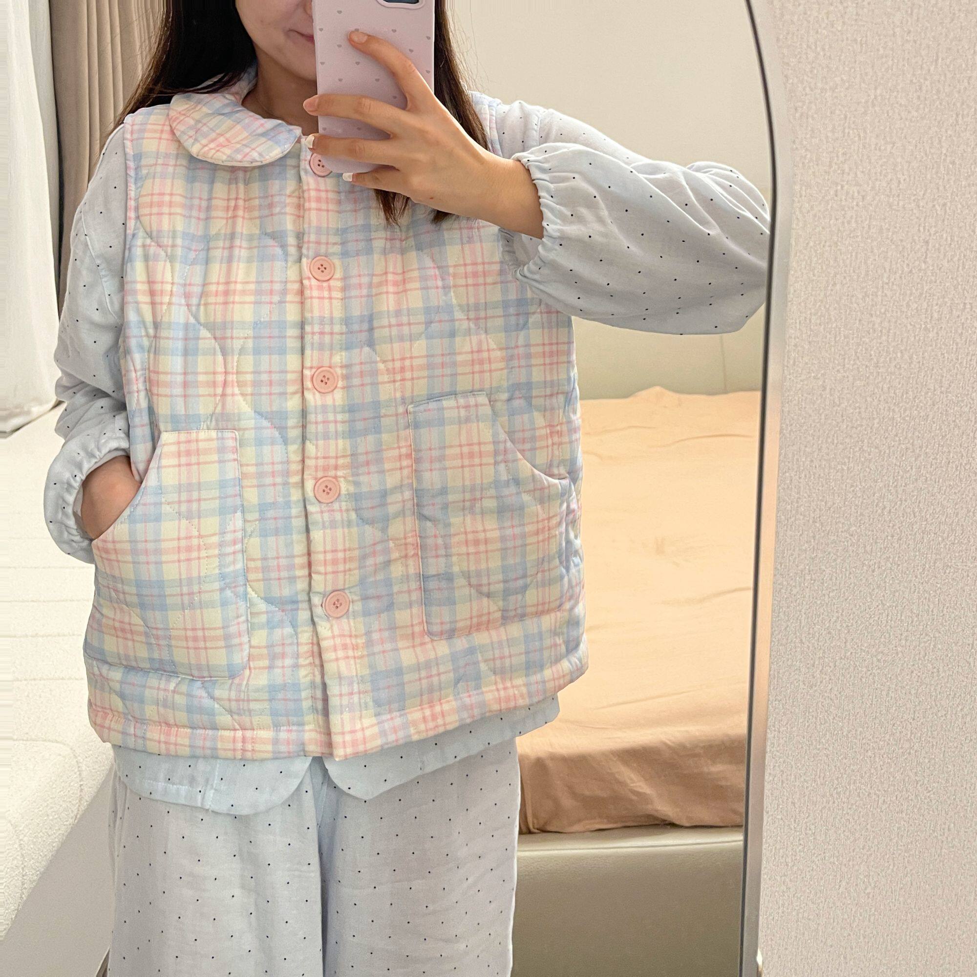 禾昊格子系列【夹棉马甲】秋冬新款保暖背心居家服睡衣可外穿冬季