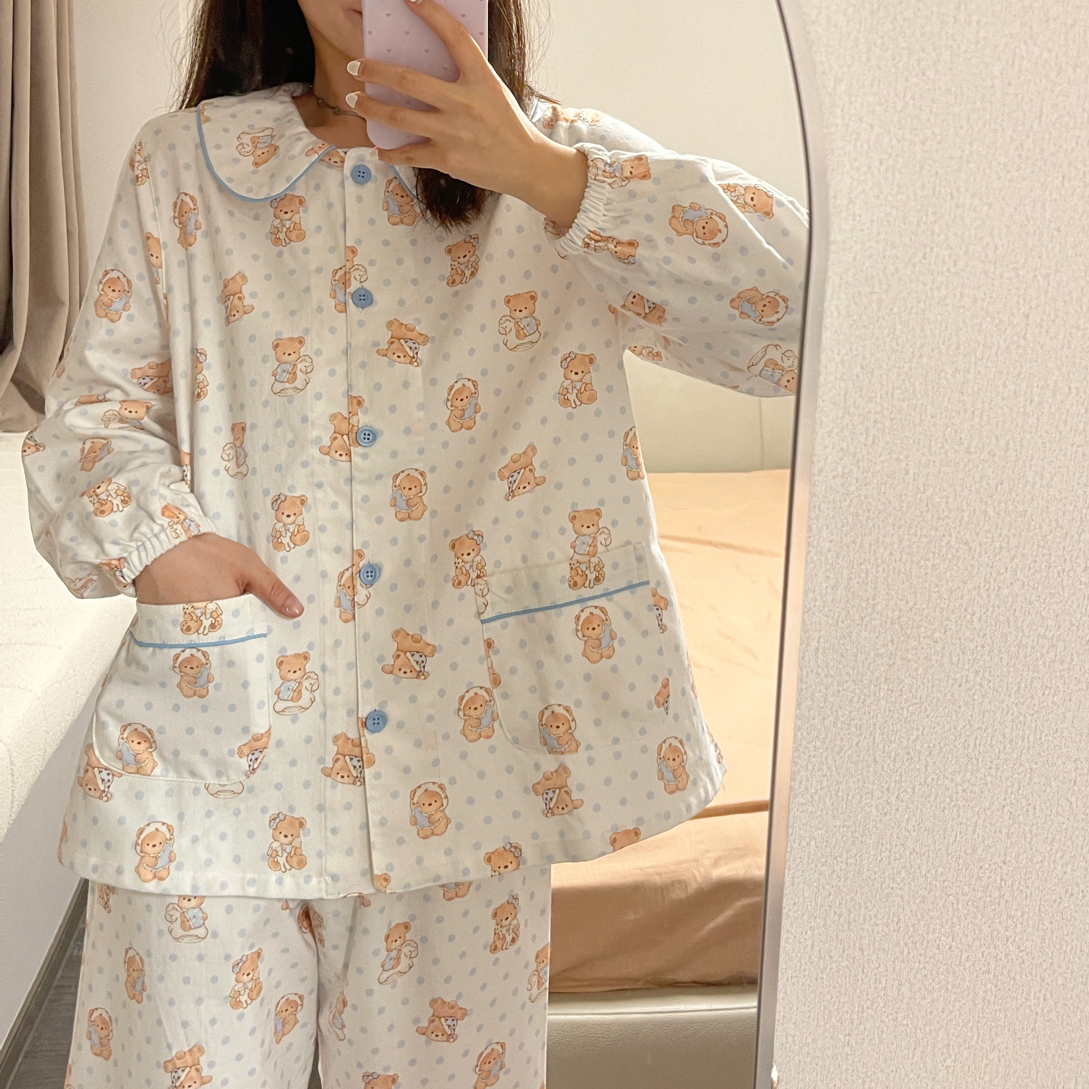 禾昊睡衣【翻领磨毛滚边套装】秋冬新款纯棉亲肤睡衣家居服可外穿