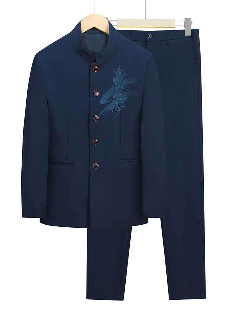 SPRING AND AUTUMN NEW TUNIC SUIT SUIT MENS STAND COLLAR CASUAL PLUS SIZE CHINESE DREAM EMBROIDERY SUIT TWO-PIECE SUIT