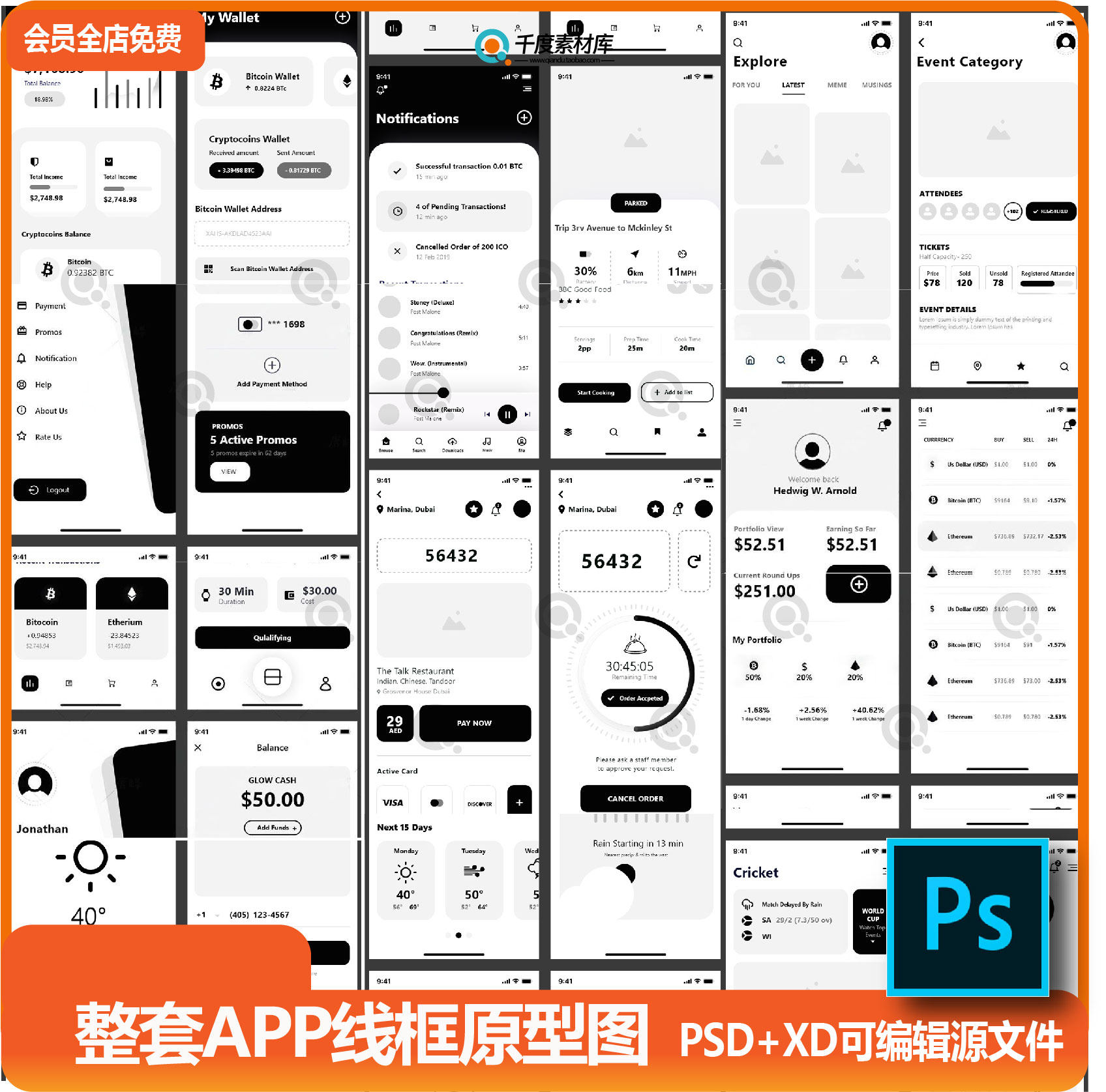 整套app界面线稿图高保真线框原型图psd分层设计手机移动端ui素材