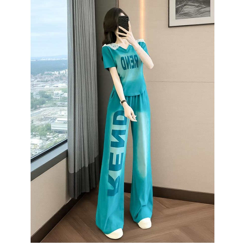 休闲风时尚套装两件套短袖运动网红小个子夏装休闲洋气阔腿裤女装