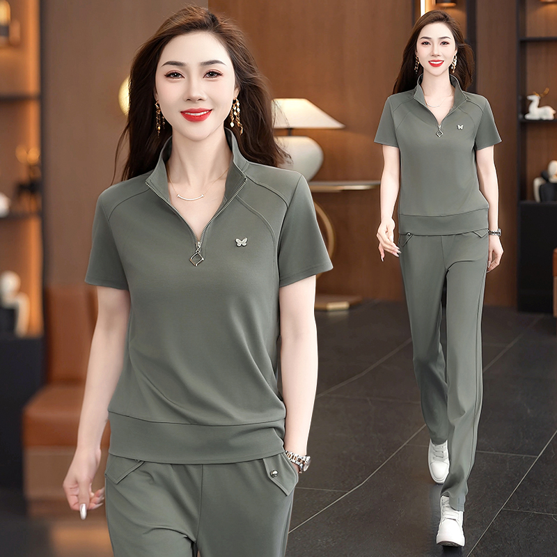 运动套装女夏季2025新款时尚洋气大码短袖长裤立领薄款宽松两件套