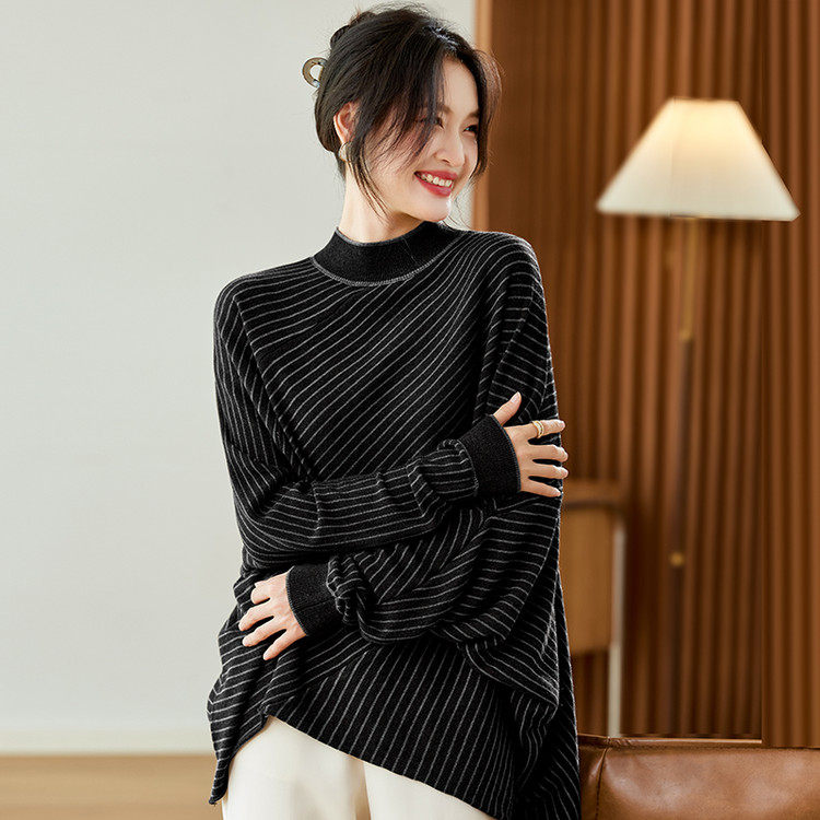 中长款蝙蝠袖条纹毛衣女秋冬可外穿2025新款慵懒风宽松针织打底衫