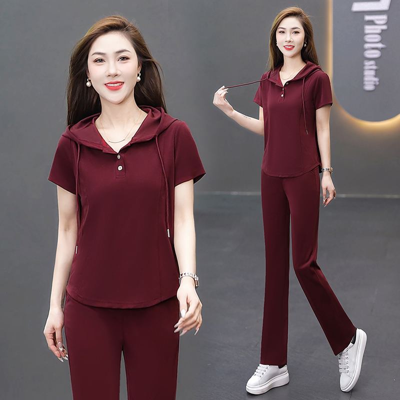 高档运动套装女夏季时尚洋气冰丝短袖长裤卫衣连帽休闲服两件套薄