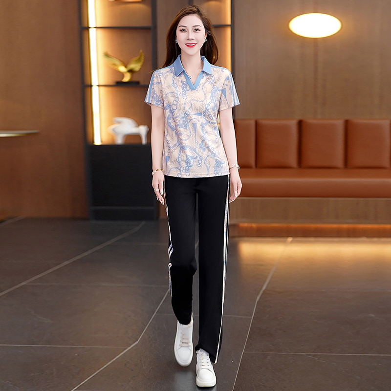 时尚品牌翻领印花运动套装女2025夏季新款休闲减龄短袖薄款两件套