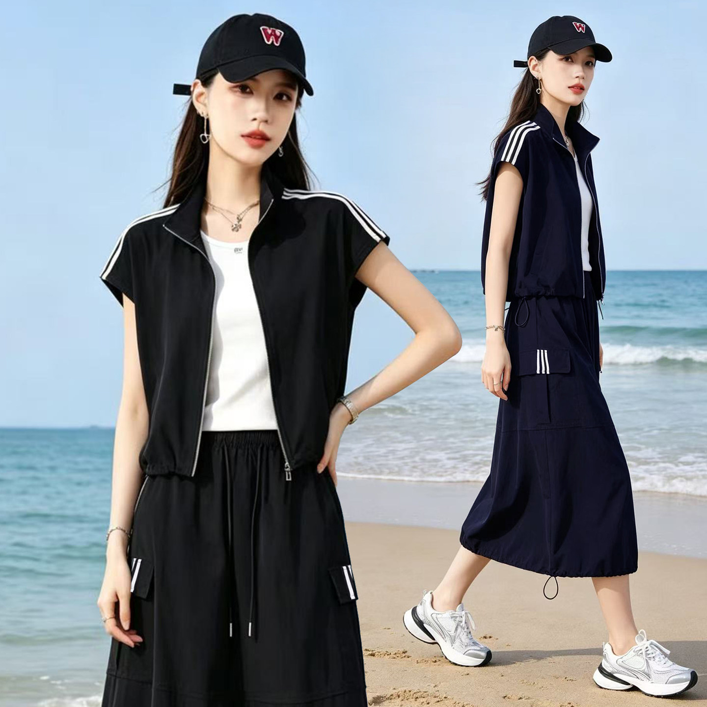 户外风黑色无袖马甲套装女夏季百搭休闲三件套裙2026新款休闲运动
