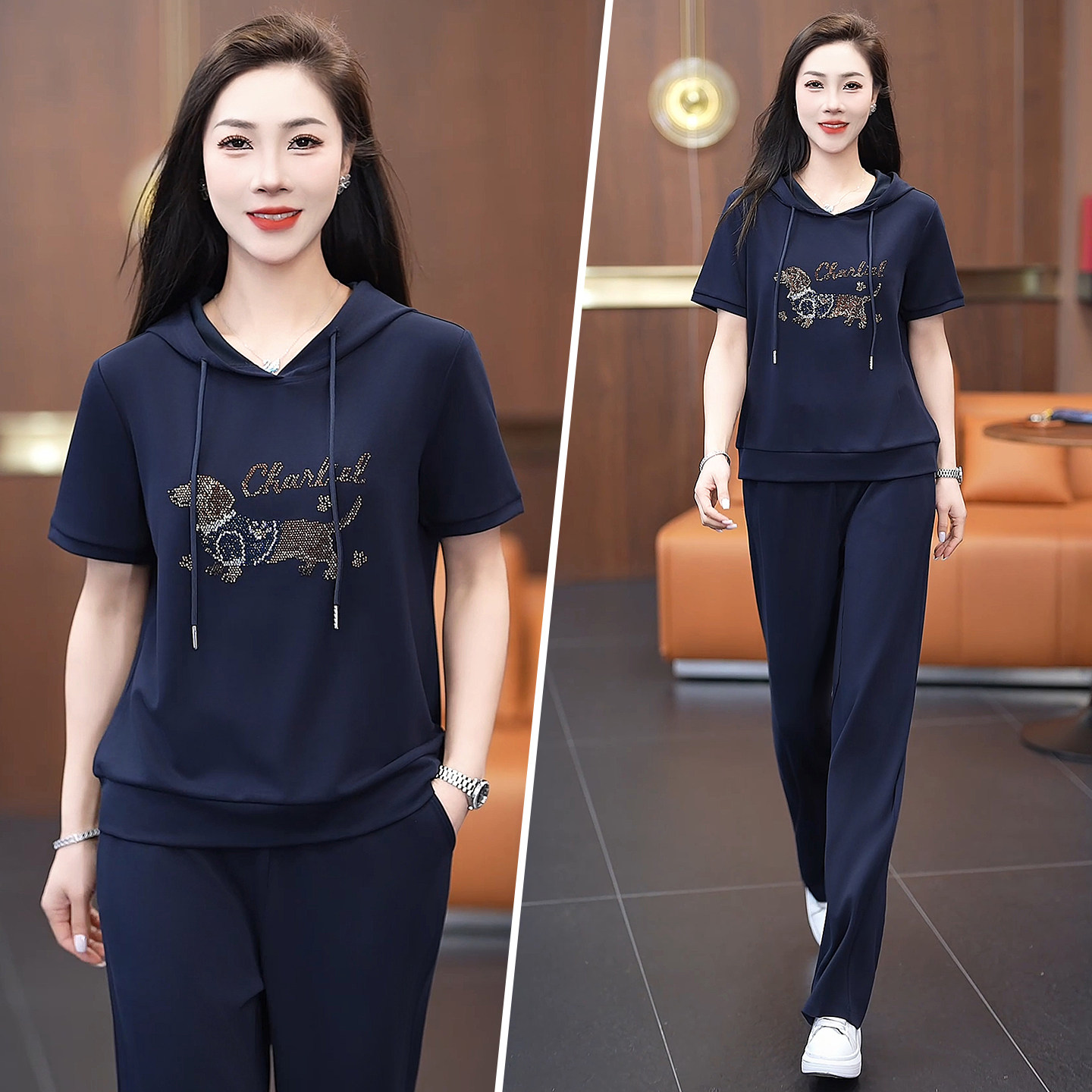 连帽休闲套装女夏季新款短袖长裤卫衣两件套宽松减龄印花运动服潮