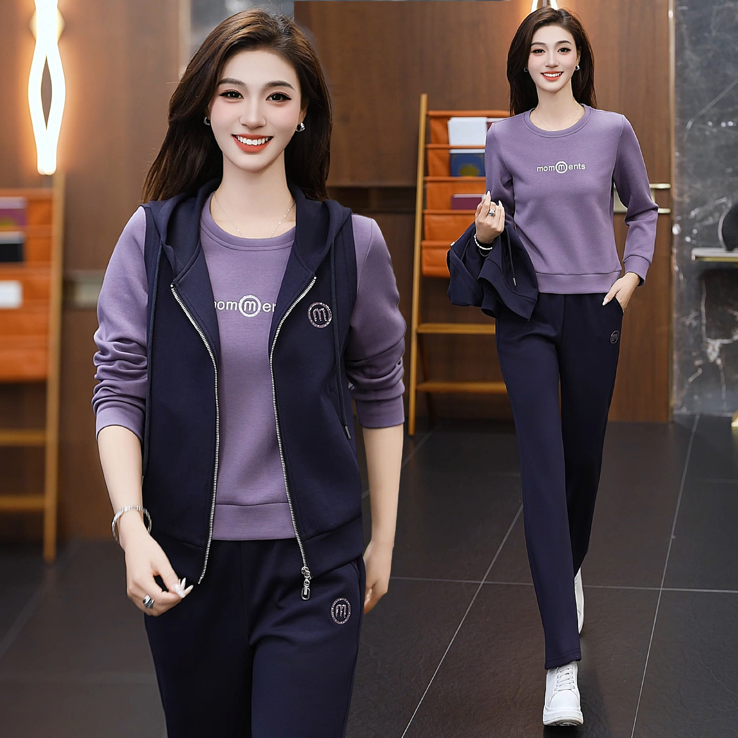 休闲运动套装女春秋2026新款时尚连帽马甲长袖卫衣三件套显瘦穿搭